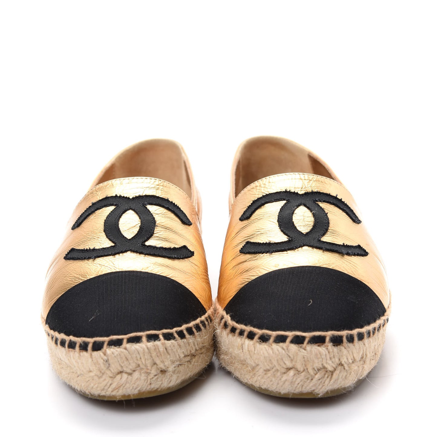 Laminated Lambskin Grosgrain CC Espadrilles 38 Gold Black