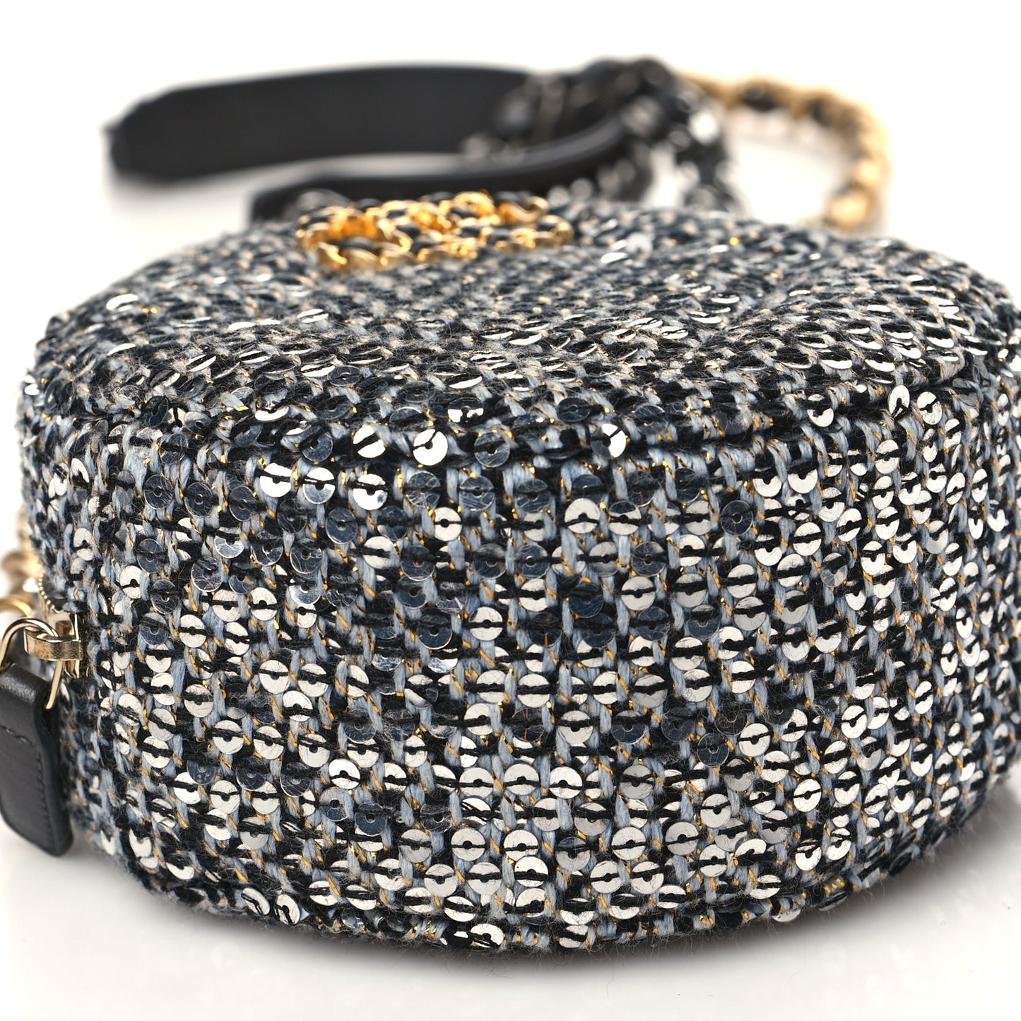 Sequin Chanel 19 Round Clutch With Chain Silver Black