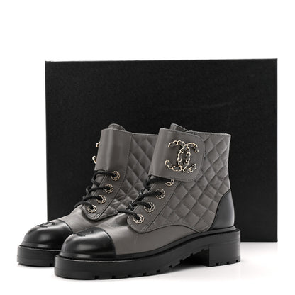 Chanel Shiny Lambskin Quilted Lace Up Combat Boots 37 Grey Black 11 of 11
