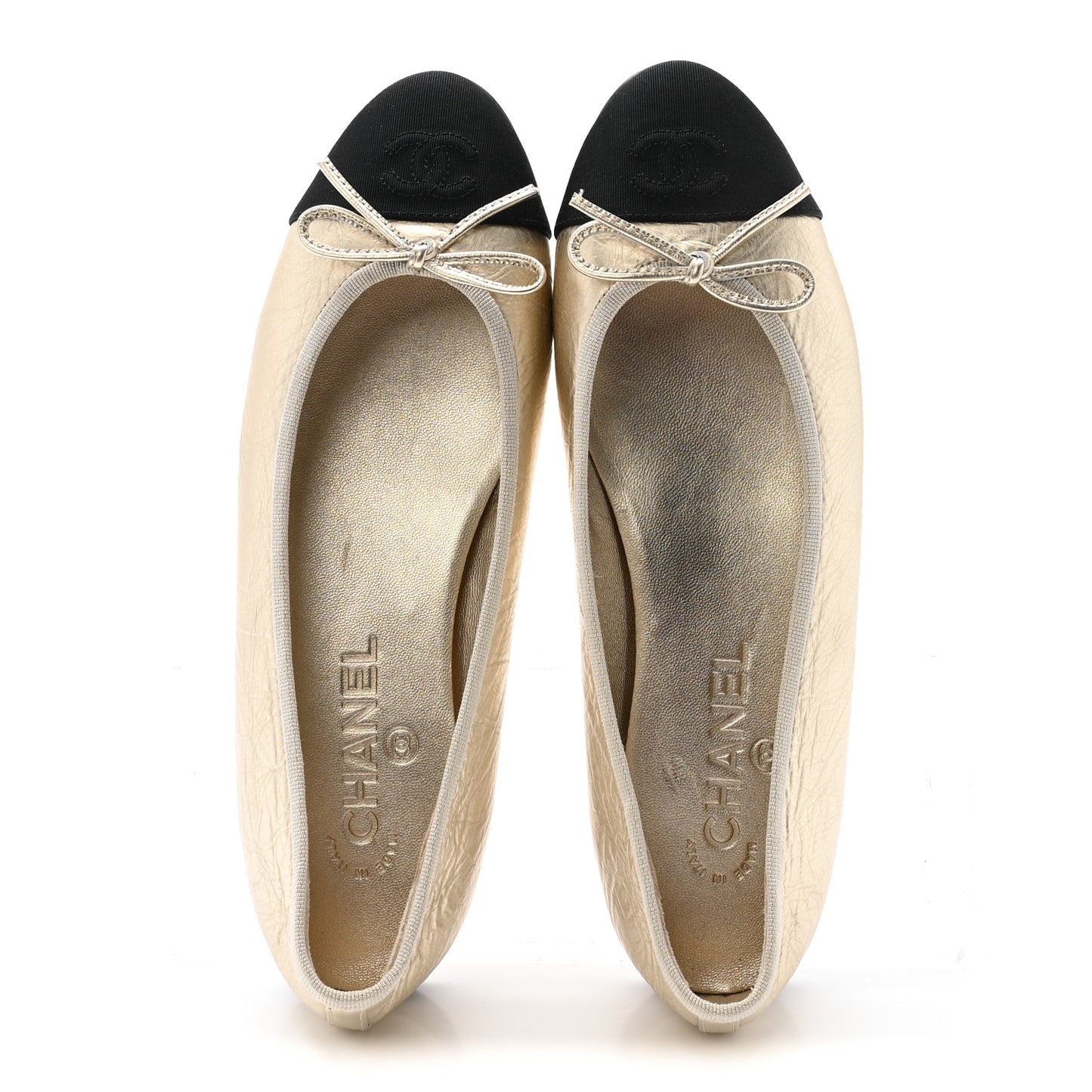 Metallic Laminated Lambskin Grosgrain CC Cap Toe Ballerina Flats 39 Light Gold Black