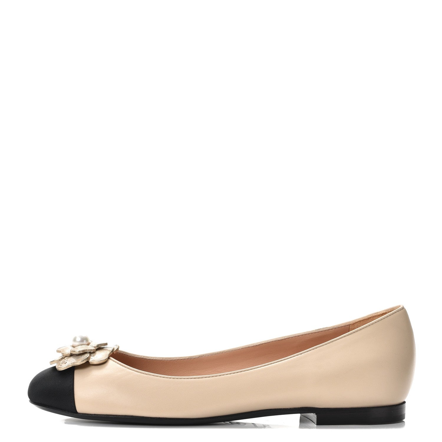 Chanel Lambskin Grosgrain Pearl Camellia Ballerina Flats 37.5 Beige Black 1 of 9