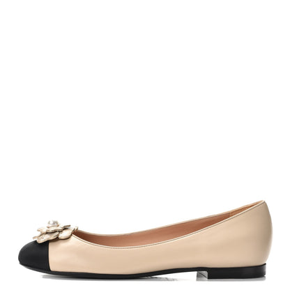 Chanel Lambskin Grosgrain Pearl Camellia Ballerina Flats 37.5 Beige Black 1 of 9