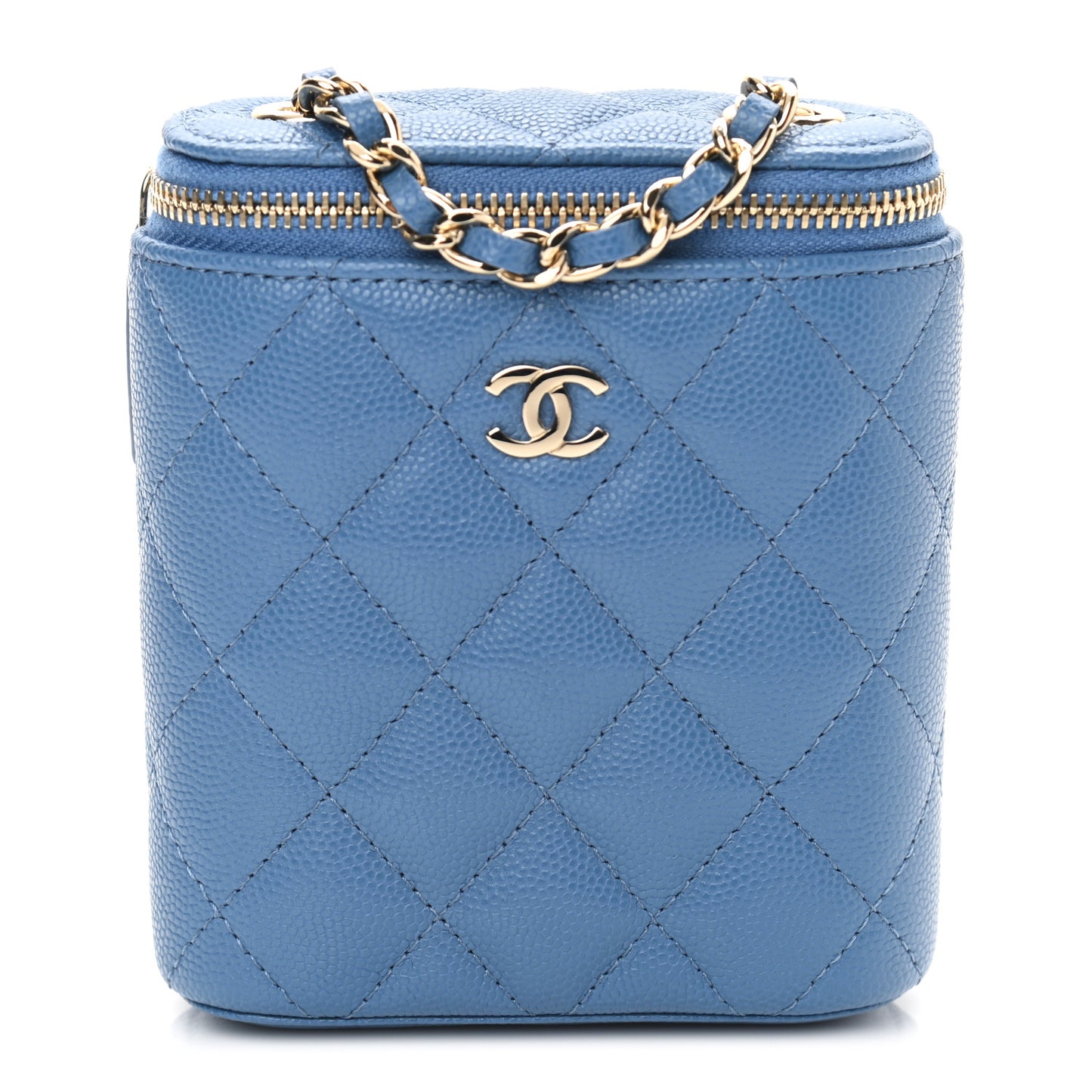 Caviar Quilted Small Vertical Coco Beauty Vanity Case With Chain Blue