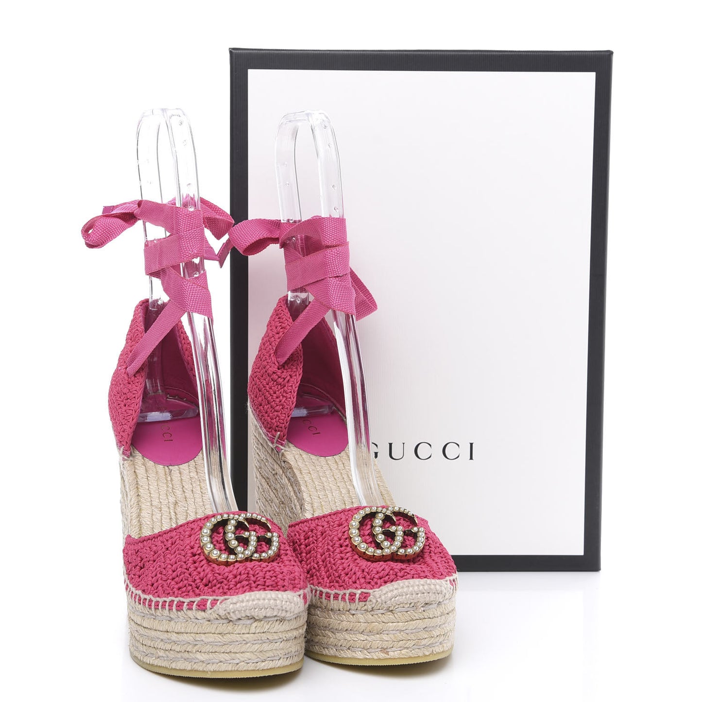 Cotton Crochet Pearly GG Ankle Wrap Platform Espadrille Wedges 36 Cyclamen Rose