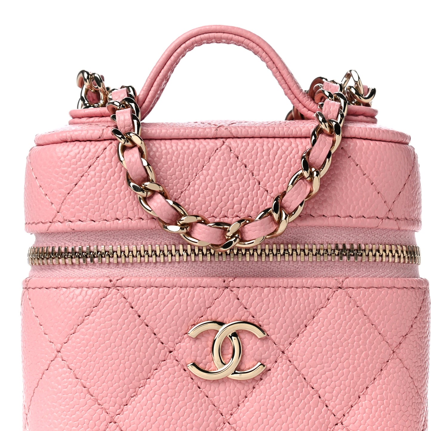 Caviar Quilted Small Handle With Care Vanity Case With Chain Pink