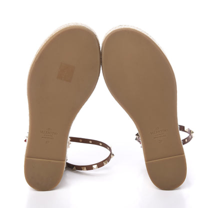 Valentino Garavani Canvas Leopard Print Rockstud Ankle Wrap Espadrille Flatform Sandals 37 Brown 5 of 13