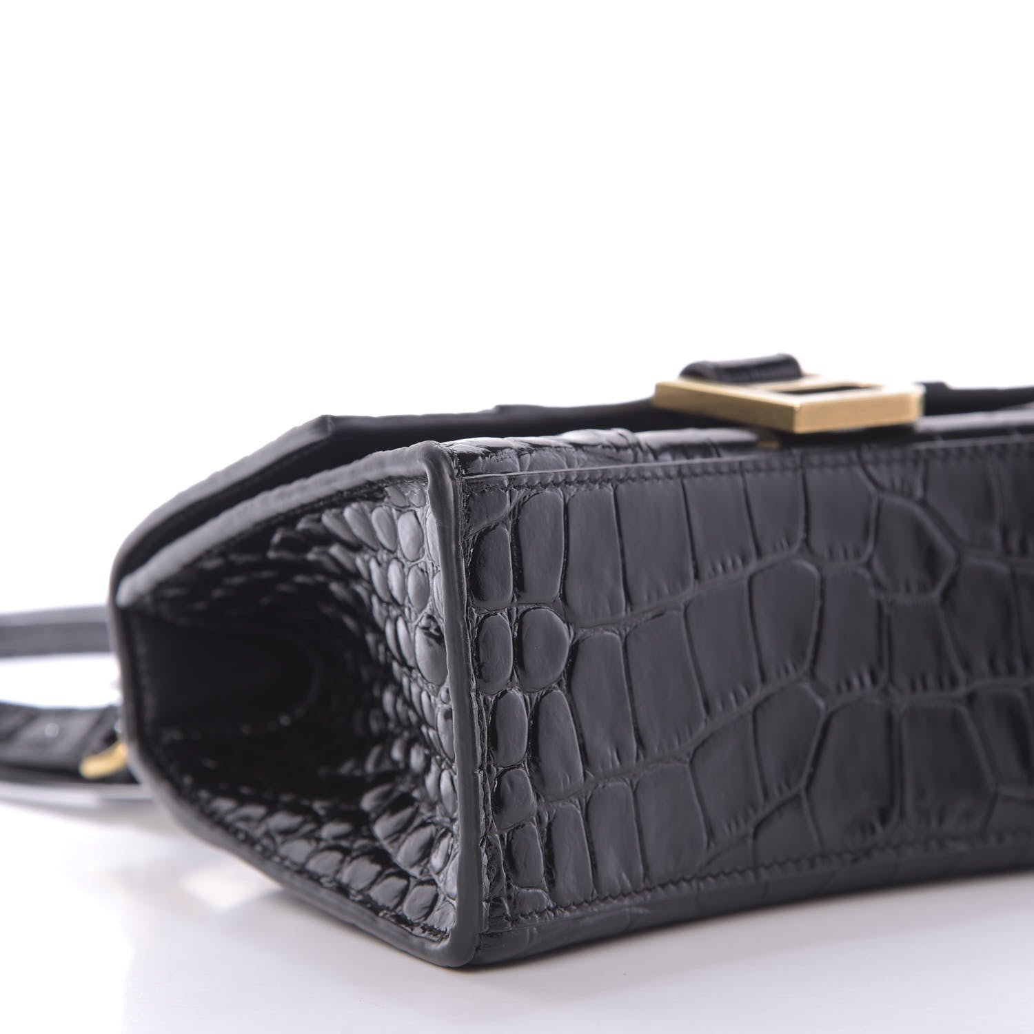 Balenciaga Shiny Calfskin Crocodile Embossed Hourglass Top Handle Bag XS Black 6 of 8