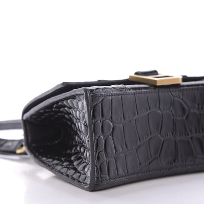 Balenciaga Shiny Calfskin Crocodile Embossed Hourglass Top Handle Bag XS Black 6 of 8