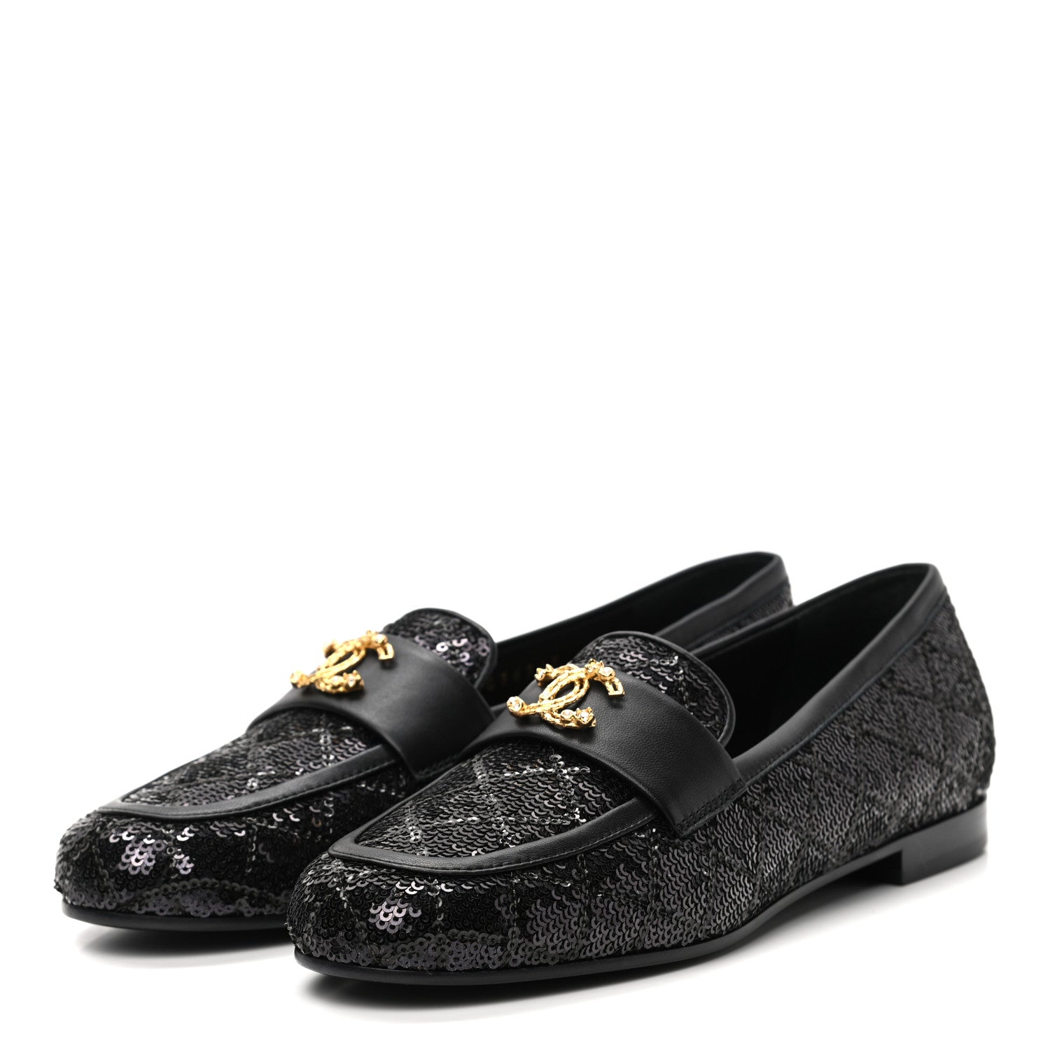Chanel Sequin Lambskin Quilted CC Loafers 36 Black 3 of 8