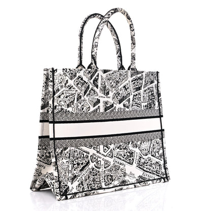 Christian Dior Canvas Embroidered Large Plan De Paris Book Tote White Black 3 of 9