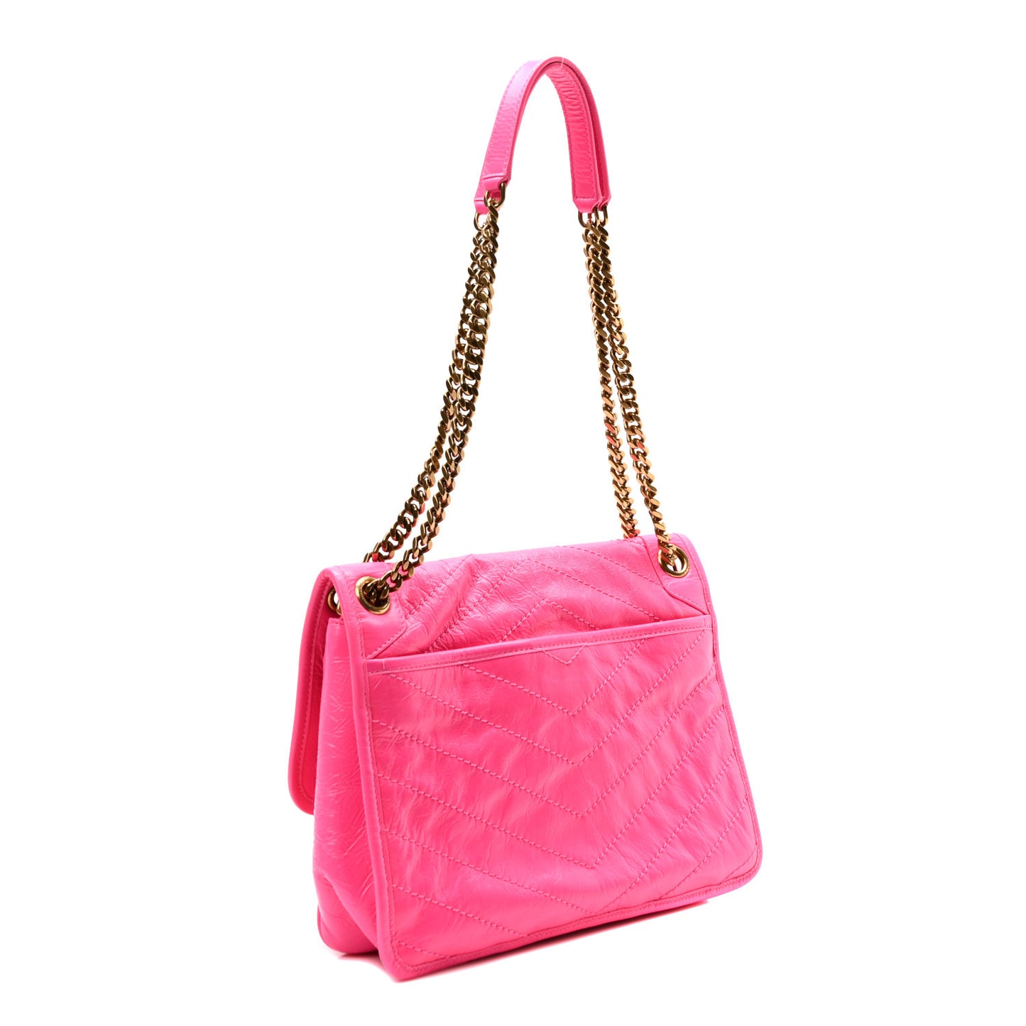 Crinkled Calfskin Matelasse Monogram Medium Niki Chain Satchel  Rose Glow