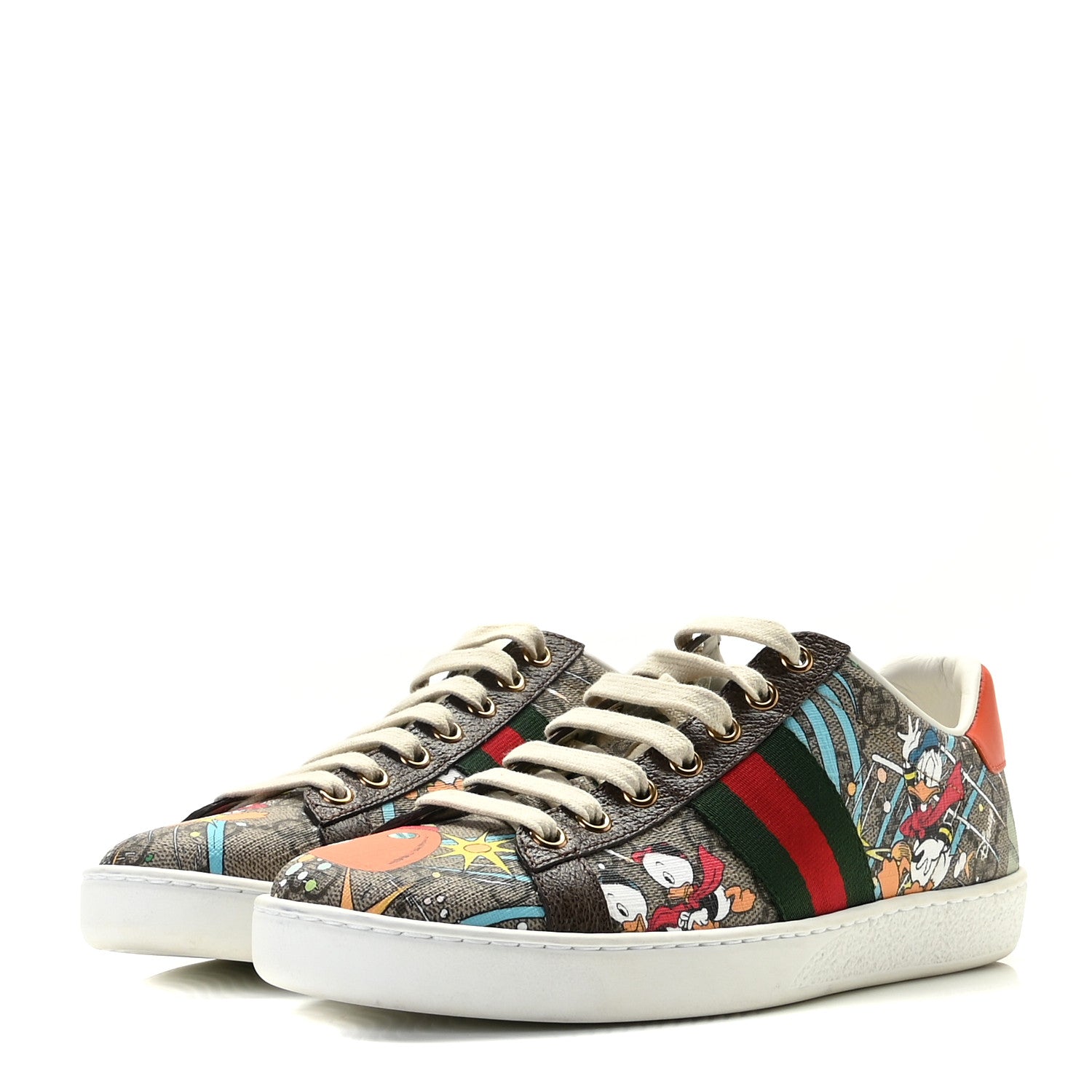 Gucci X DISNEY GG Supreme Monogram Web Donald Duck Womens Ace Sneakers 36 Beige New Acero Orange 2 of 12