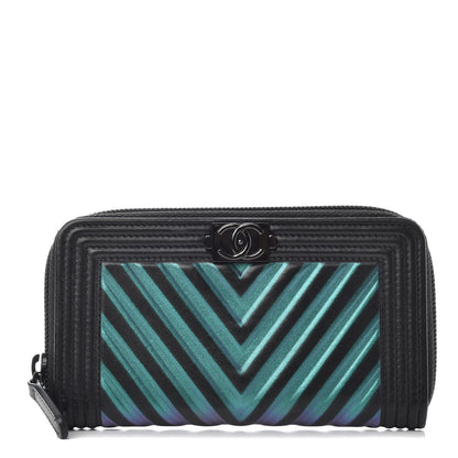 Chanel Calfskin Painted Chevron Embossed Small Boy Zip Wallet Black 1 of 8