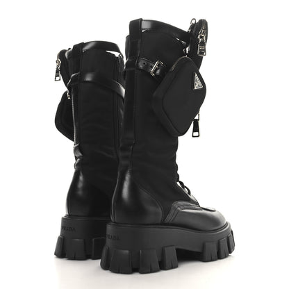 Prada Spazzolato Rois Re-Nylon Metal Triangle Logo Monolith Pouch Pocket 55mm Tall Combat Boots 39.5 Black 4 of 9