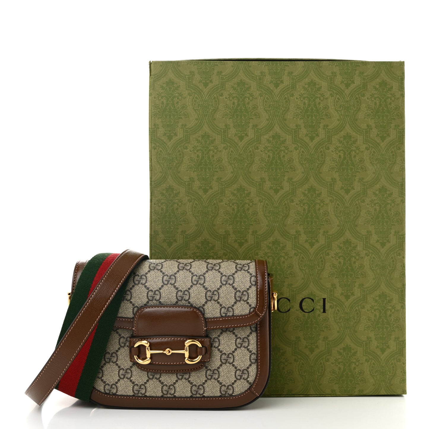 GG Supreme Monogram Azalea Calfskin Web Mini Horsebit 1955 Shoulder Bag Beige Ebony Brown Sugar