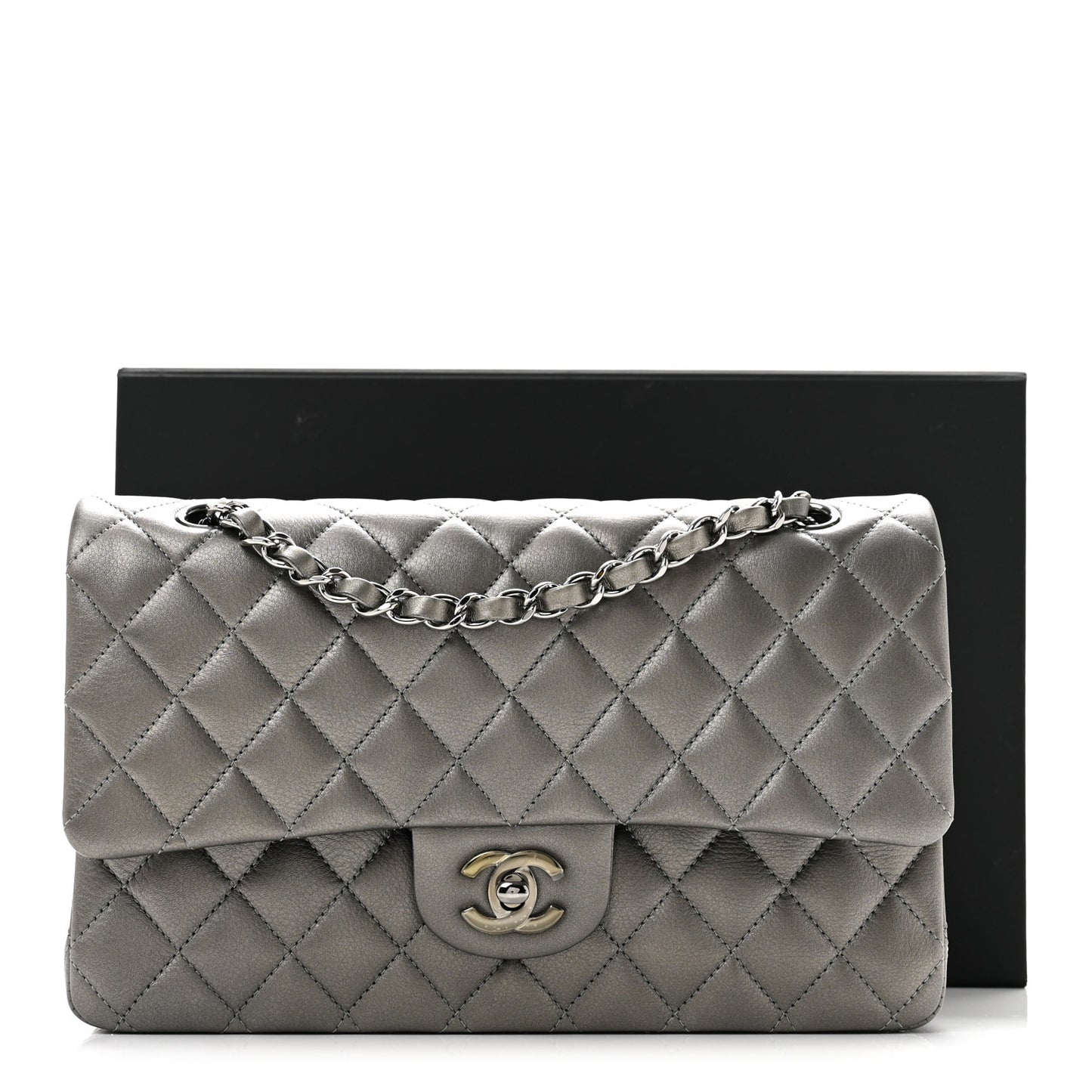 Metallic Calfskin Quilted Medium Double Flap Ruthenium