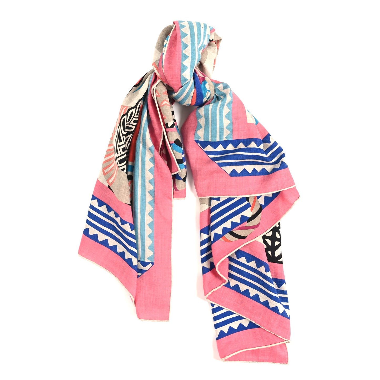 Cashmere Silk Fantaisie D'etriers Shawl 140 Rose Bonbon Naturel Bleu