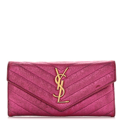 Saint Laurent Metallic Crackled Calfskin Matelasse Chevron Monogram Flap Wallet Fuchsia 1 of 13