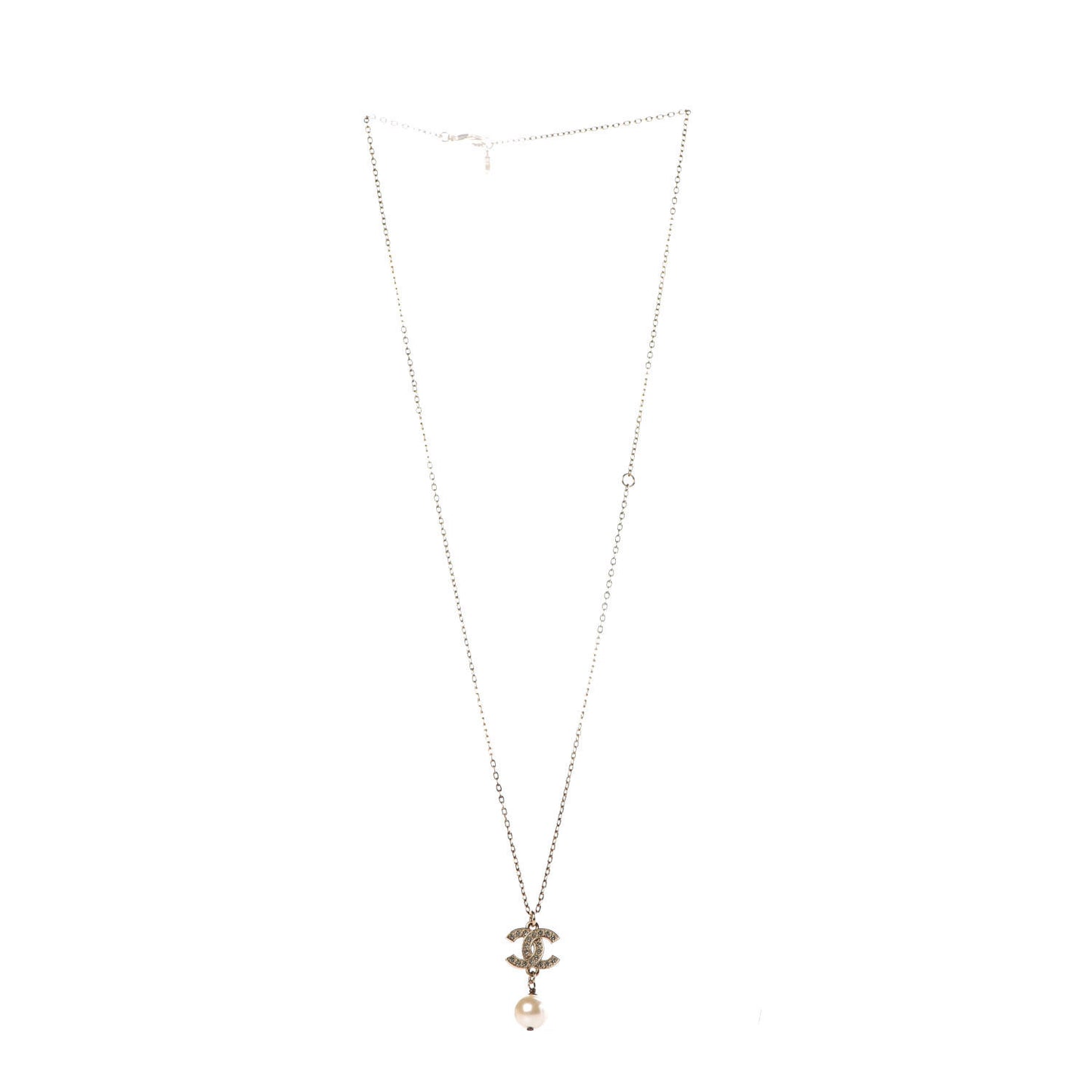 Pearl Crystal CC Drop Necklace Gold