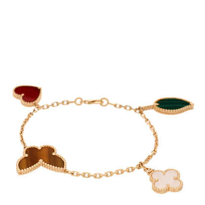 Van Cleef & Arpels 18K Yellow Gold Mother of Pearl Malachite Carnelian Tiger Eye 4 Motifs Lucky Alhambra Bracelet 1 of 4