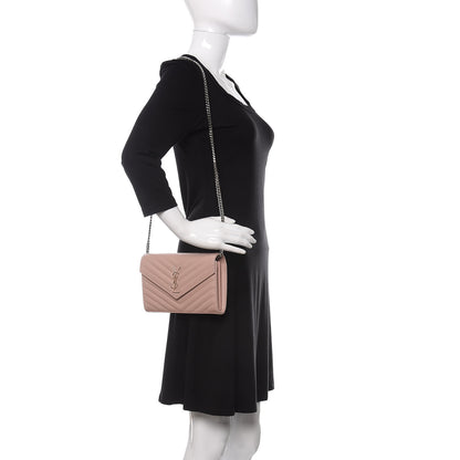Saint Laurent Grain De Poudre Matelasse Chevron Monogram Chain Wallet Pale Pink 2 of 9