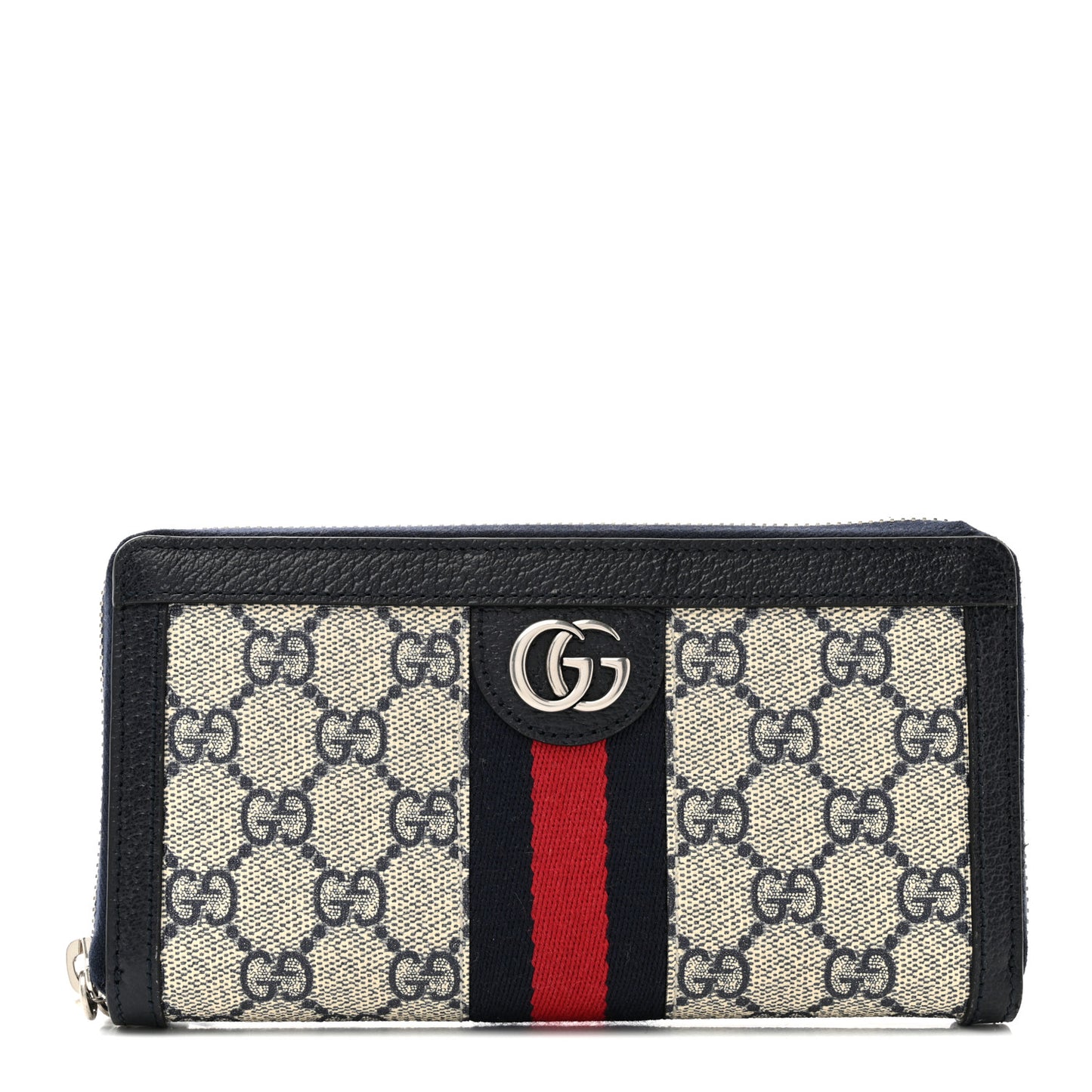 GG Supreme Monogram Textured Dollar Calfskin Web Ophidia Zip Around Wallet Beige Blue