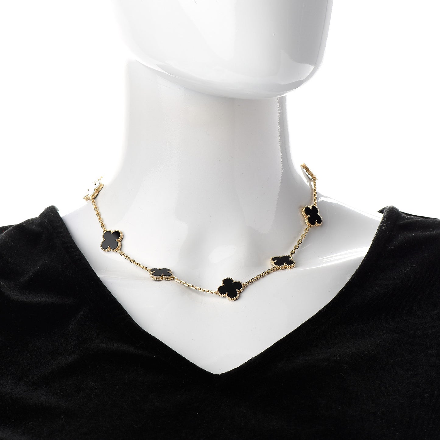 18K Yellow Gold Black Onyx 10 Motifs Vintage Alhambra Necklace