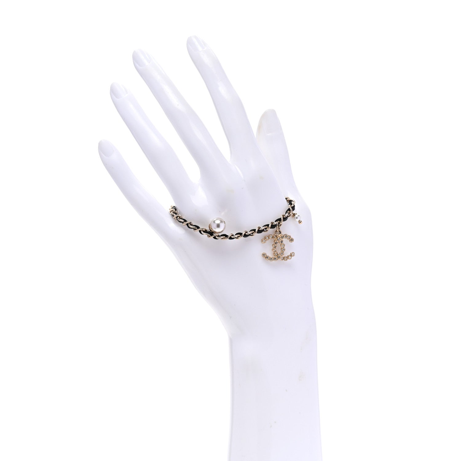 Chanel Lambskin Pearl Crystal Chain CC Bracelet Black Gold 2 of 6