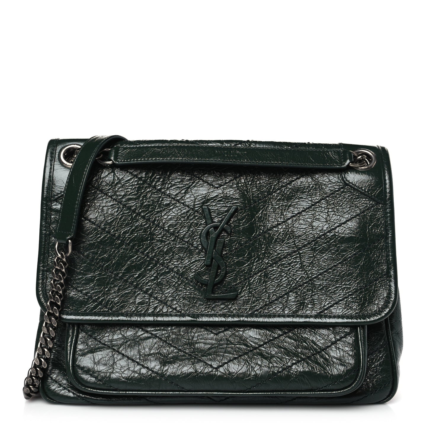 Crinkled Calfskin Matelasse Monogram Medium Niki Chain Satchel Military Olive