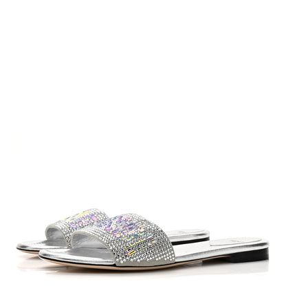 Fendi Laminated Goatskin Baguette Crystal Embroidered Signature Flat Slide Sandals 39.5 Silver 4 of 9