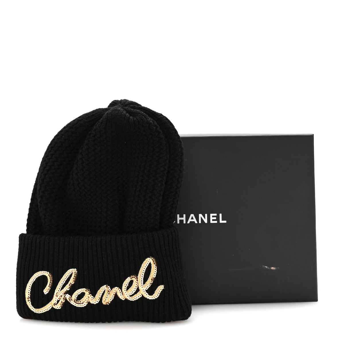 Cashmere Sequin Logo Beanie Hat Black Gold