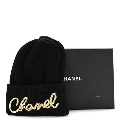 Chanel Cashmere Sequin Logo Beanie Hat Black Gold 3 of 5