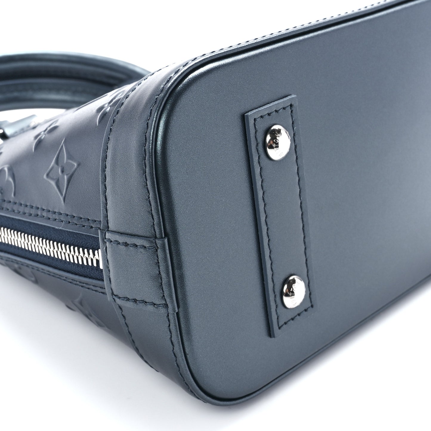 Metallic Calfskin Debossed Monogram Alma BB Steel Blue