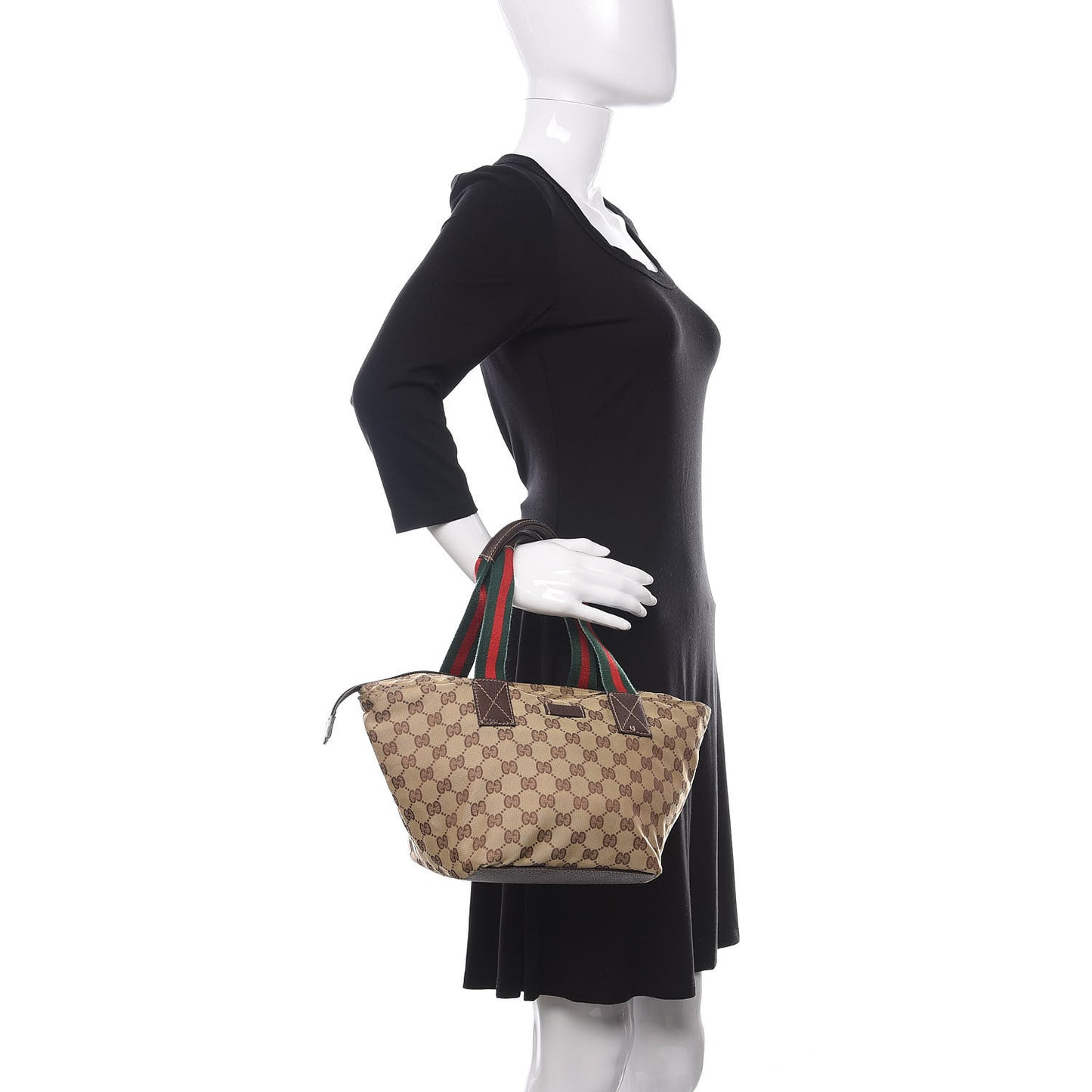 GG Monogram Small Web Handle Bucket Tote Dark Brown