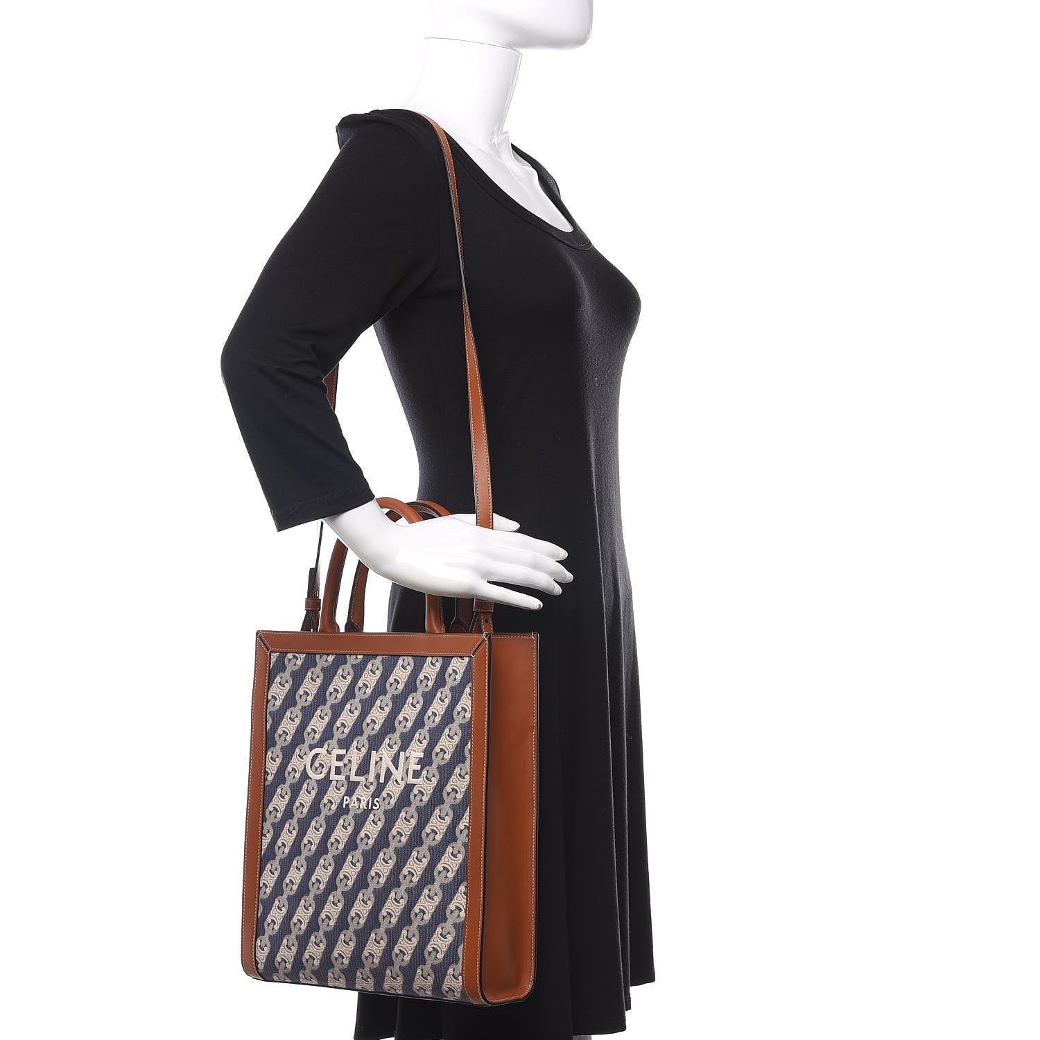 Celine Maillon Triomphe Canvas Calfskin Small Vertical Cabas Navy Tan 2 of 11