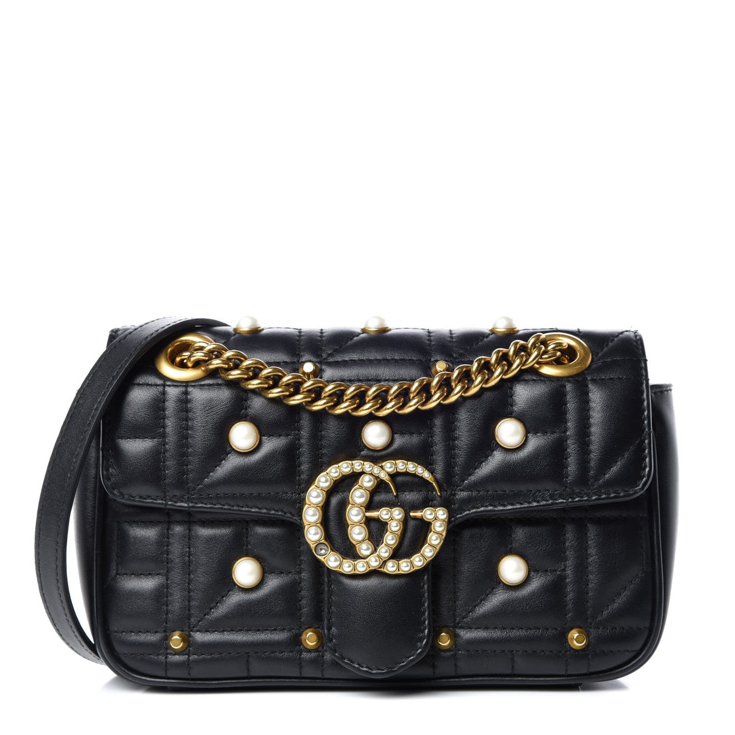 Calfskin Matelasse Studded Mini Pearly GG Marmont Shoulder Bag Black