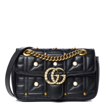 Gucci Calfskin Matelasse Studded Mini Pearly GG Marmont Shoulder Bag Black 1 of 7