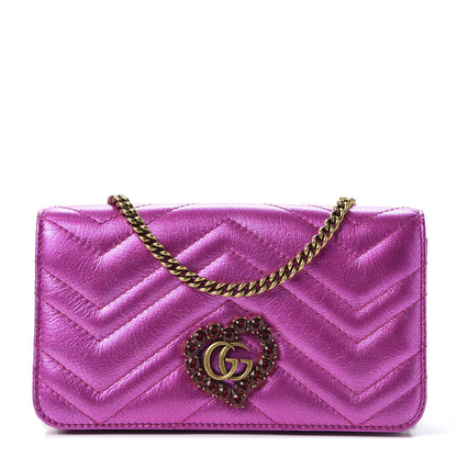 Gucci Metallic Calfskin Matelasse Crystal GG Marmont Mini Bag Fuchsia 1 of 8
