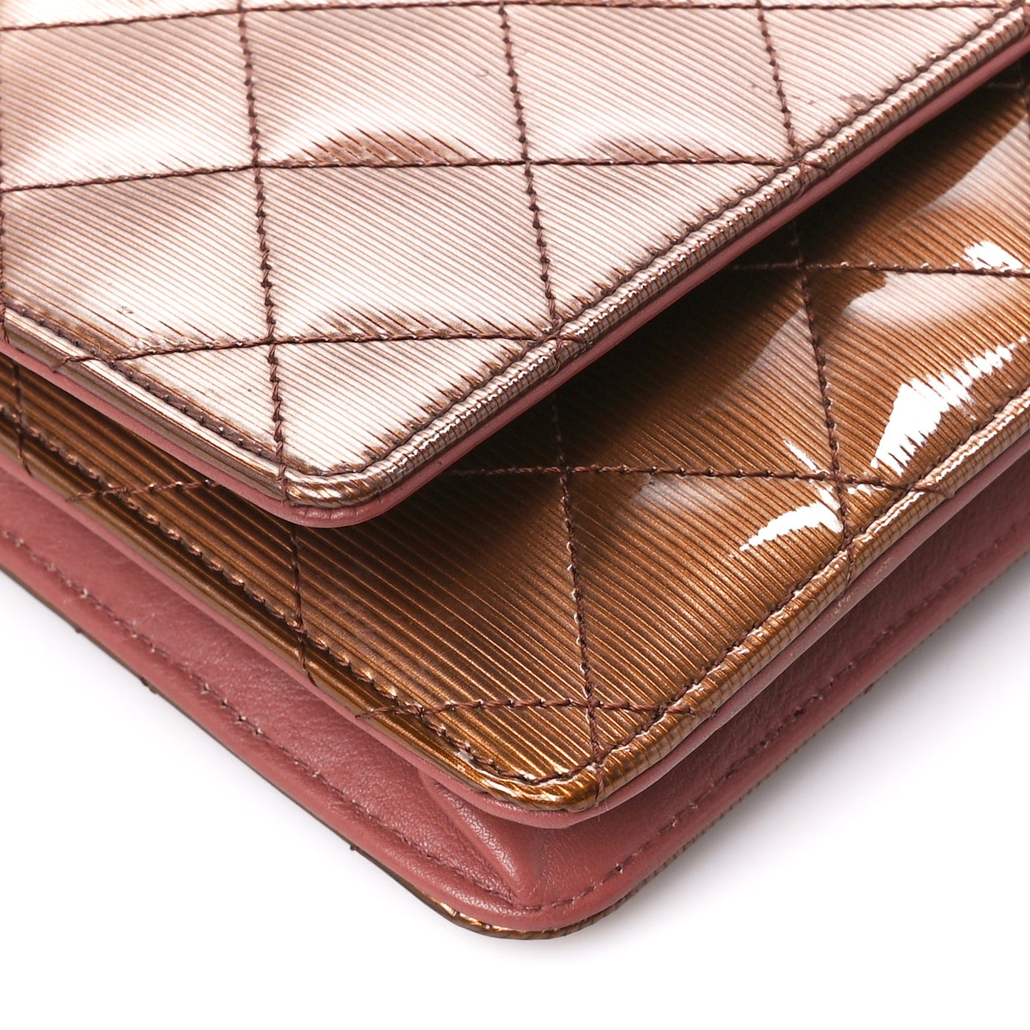 Metallic Striated Patent Quilted Wallet on Chain WOC Bronze