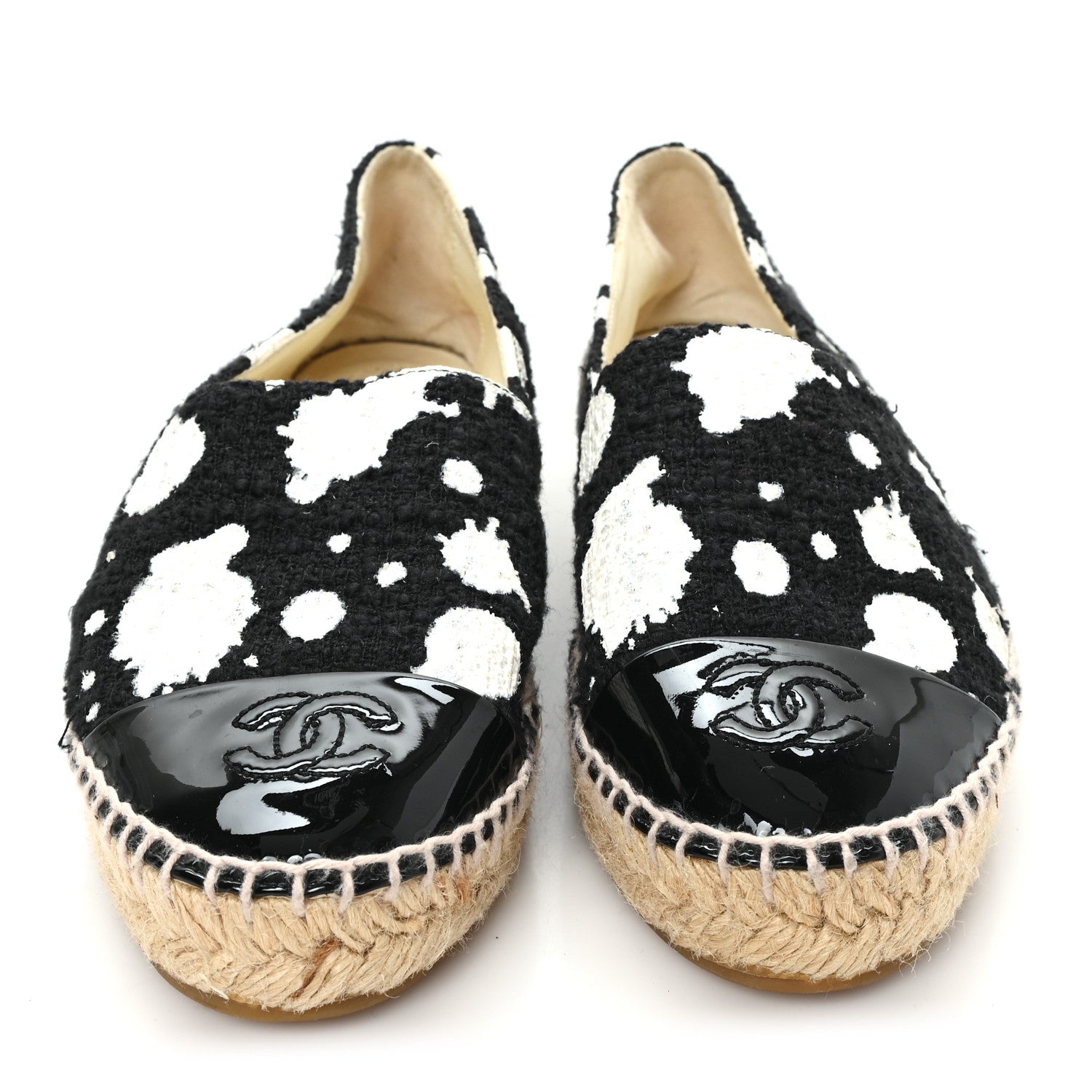Chanel Patent Tweed Splatter Paint Print Cap Toe CC Espadrilles 36 Black White 3 of 9