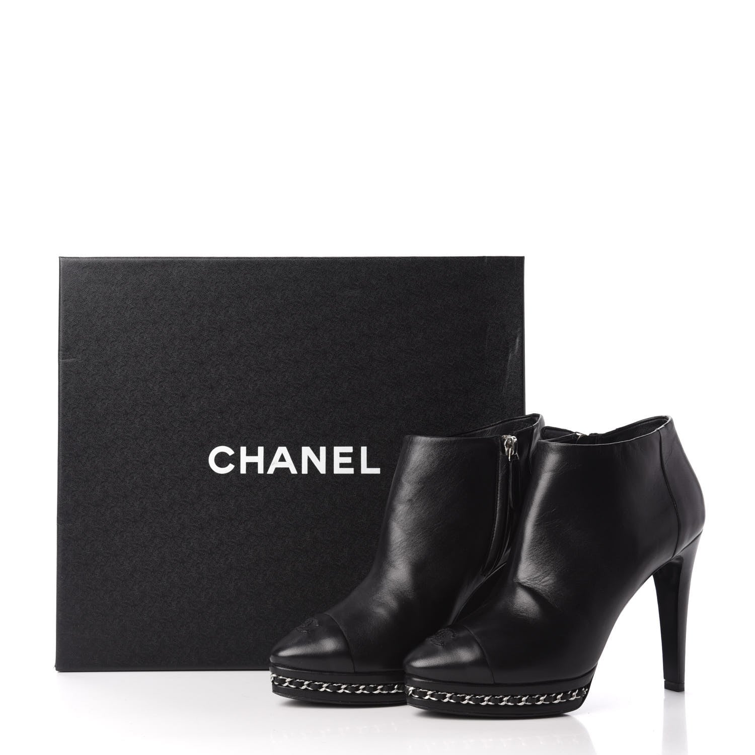 Chanel Lambskin CC Platform Cap Toe Chain Ankle Boots 37 Black 11 of 11