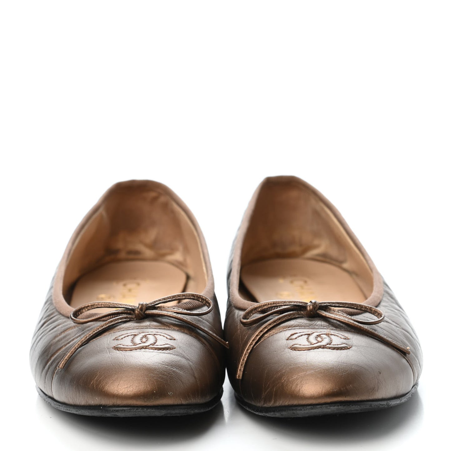 Metallic Aged Calfskin Quilted CC Cap Toe Ballerina Flats 41 Bronze