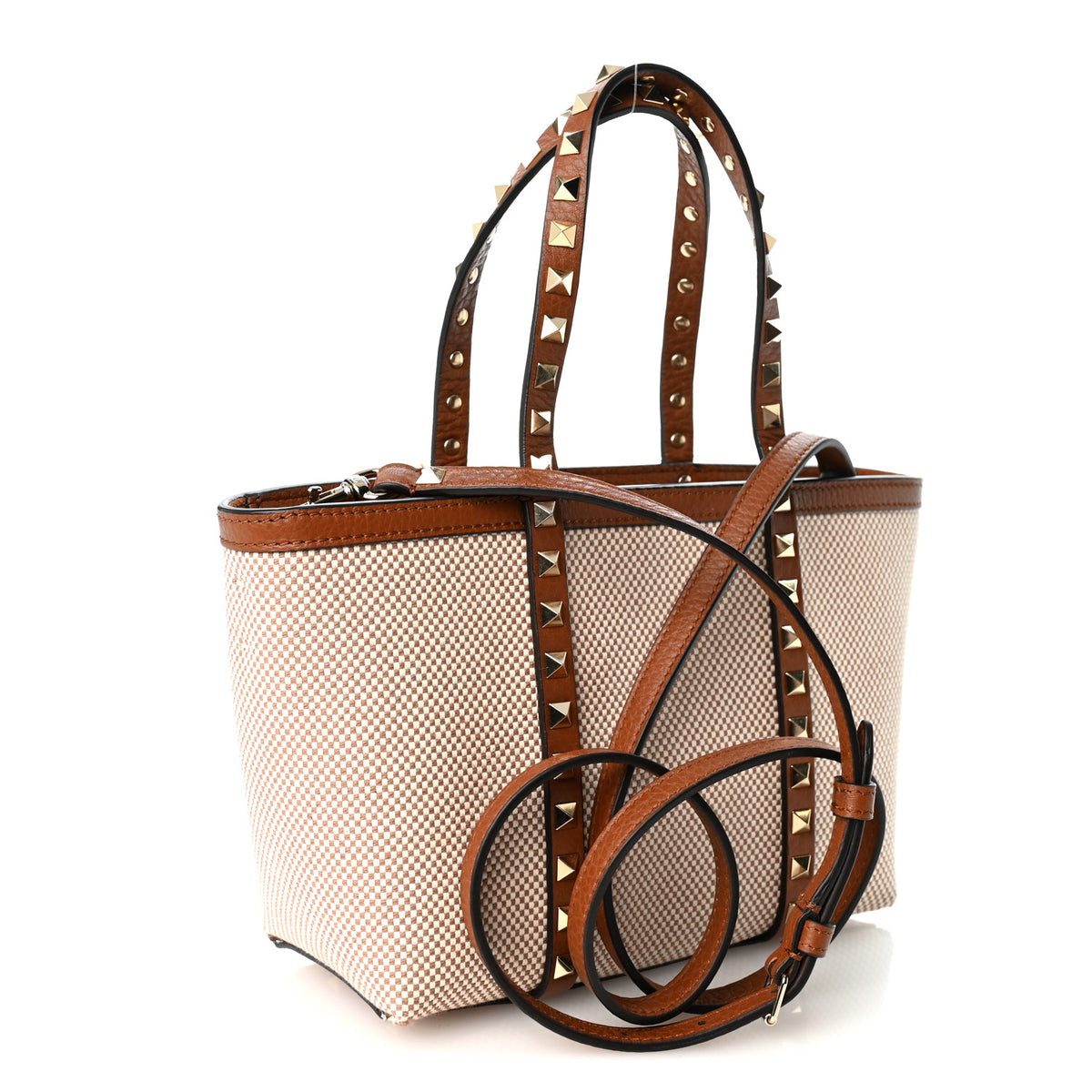 Canvas Grained Calfskin Small Rockstud Shopping Tote Naturale Tobacco