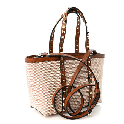 Valentino Garavani Canvas Grained Calfskin Small Rockstud Shopping Tote Naturale Tobacco 3 of 10