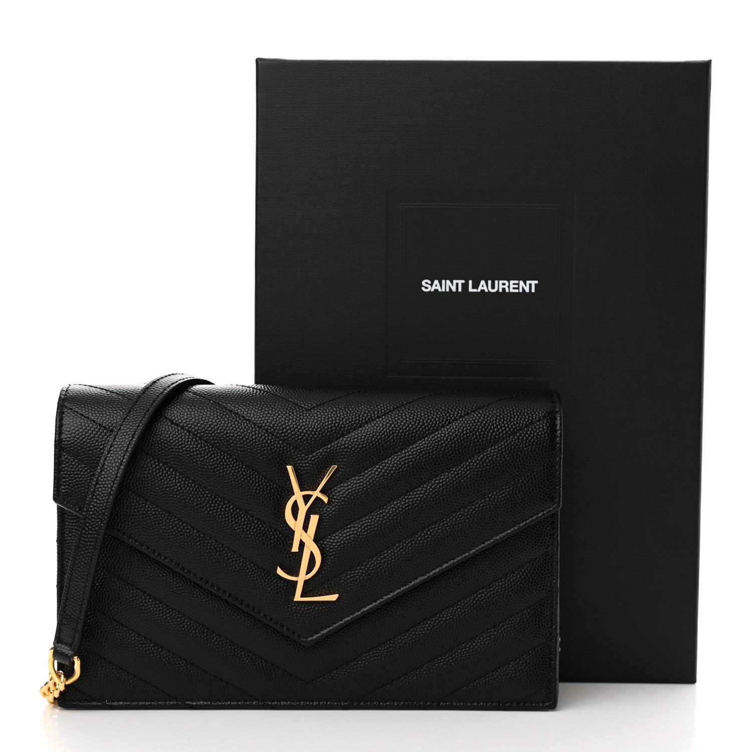 Saint Laurent Grain De Poudre Matelasse Chevron Monogram Envelope Chain Wallet Black 14 of 14