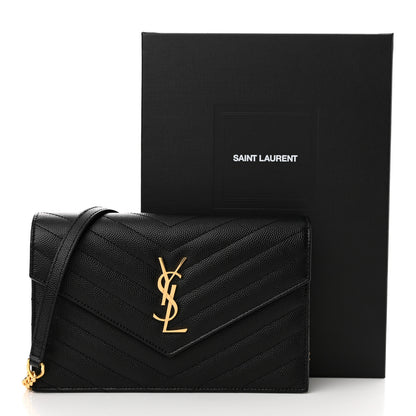 Saint Laurent Grain De Poudre Matelasse Chevron Monogram Envelope Chain Wallet Black 14 of 14