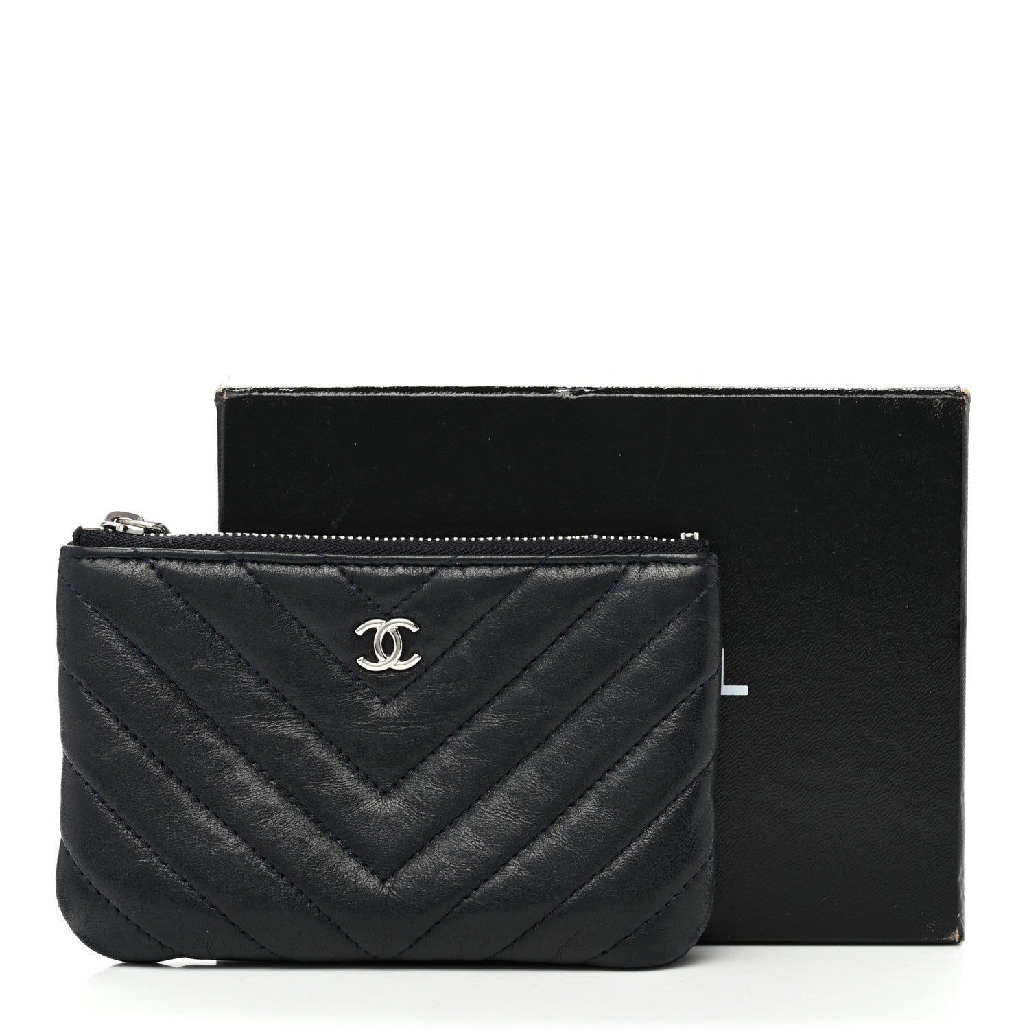 Chanel Lambskin Chevron Quilted Studded Small Cosmetic Case Dark Navy 10 of 10