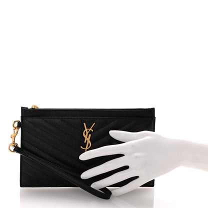Saint Laurent Grain De Poudre Chevron Monogram Large Bill Pouch Black 2 of 7