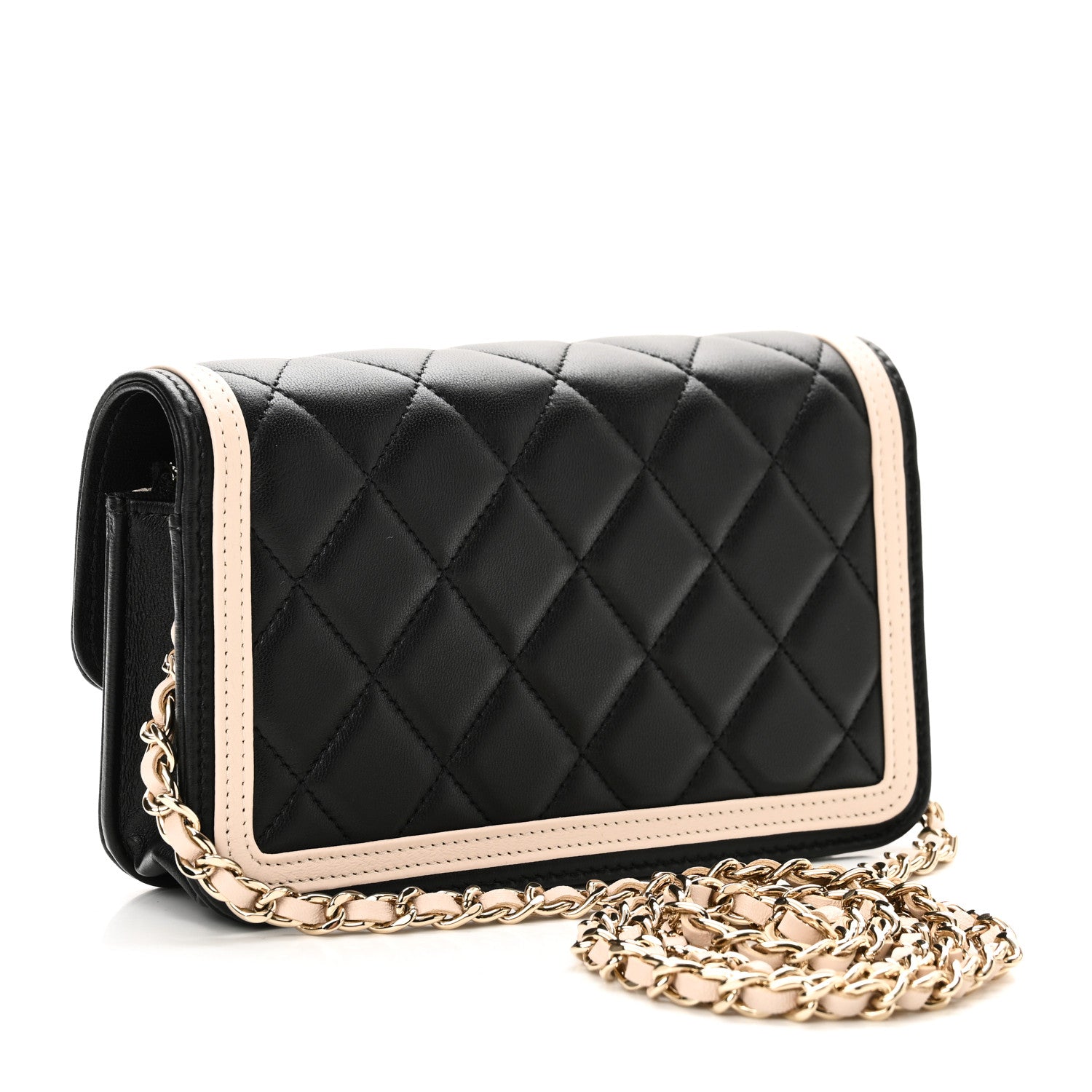 Chanel Lambskin Quilted Flap Phone Holder With Chain Black Beige 3 of 12