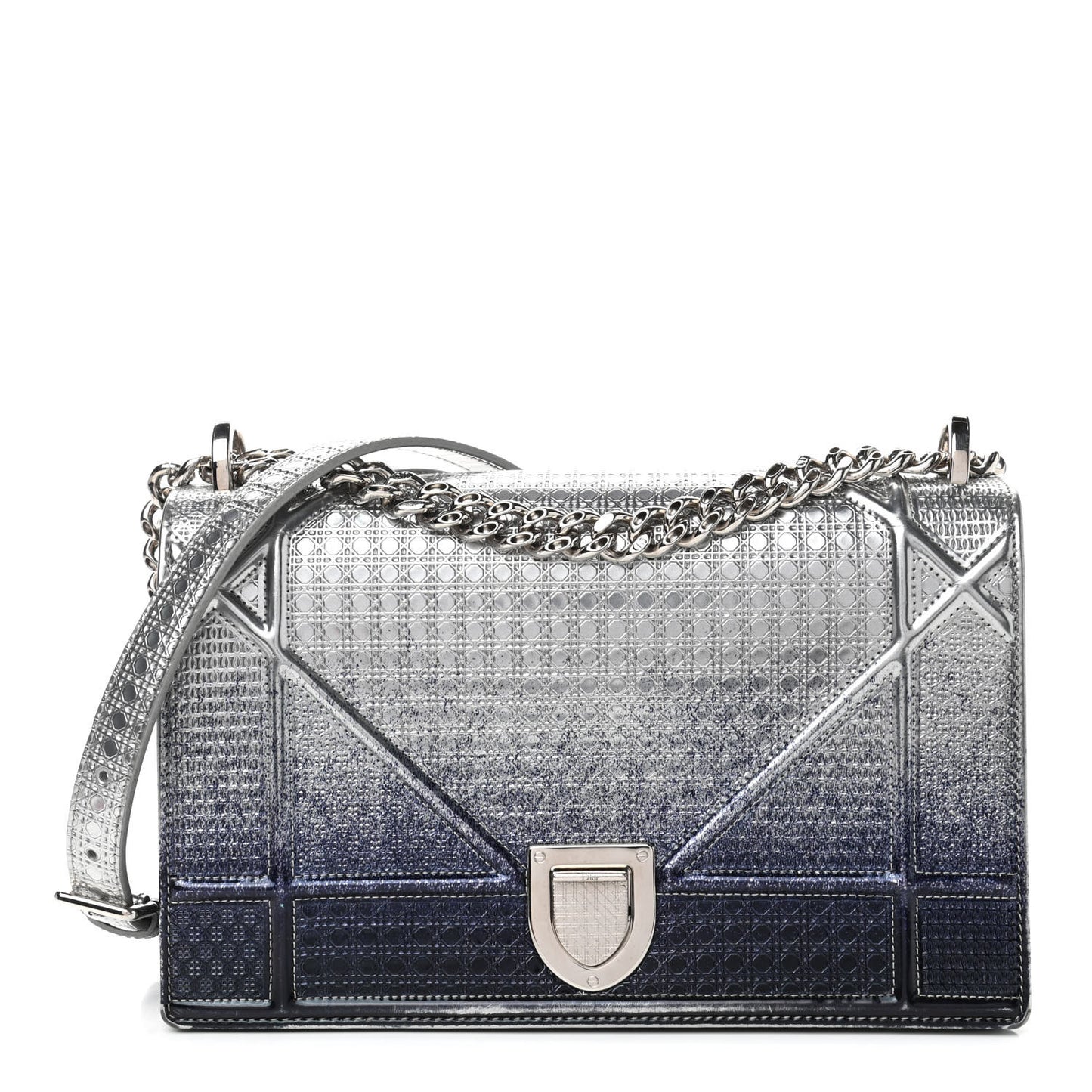 Metallic Patent Micro-Cannage Gradient Medium Diorama Flap Bag Silver Blue